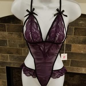Stretch Mesh Lace Teddy Plum Black O/S